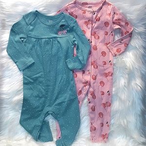 New Girls Carter's 9mo 2 Pack Long sleeve Pant Rompers Cherry Polka dot